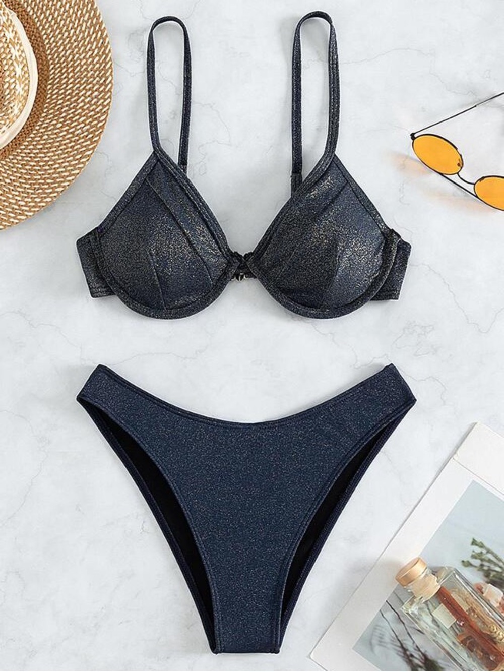 NWOT Navy Blue Shimmer Metallic Glitter Underwire Bikini Bathing Suit Set L
